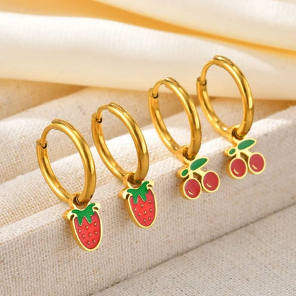 Kolmnsta Stainless Steel Strawberry Cherry Hoop Earrings Women Jewelry