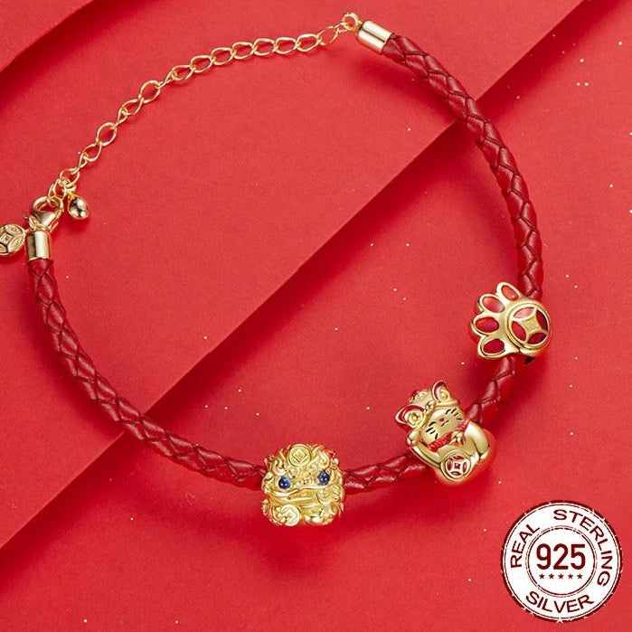 Solid Silver Lucky Cat Charm Beads Fit Original Bracelet & Necklace DIY