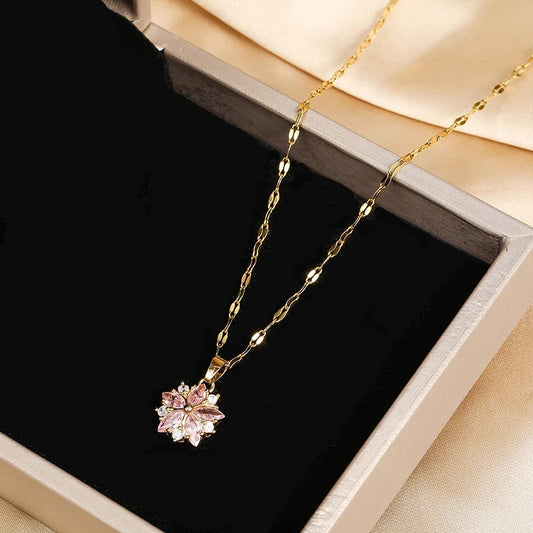 Cute Pink Sakura Pendant Necklace for Women Korean Fashion