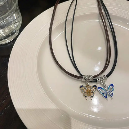 Men & Women Double Layer Leather Choker Necklace Butterfly Pendant