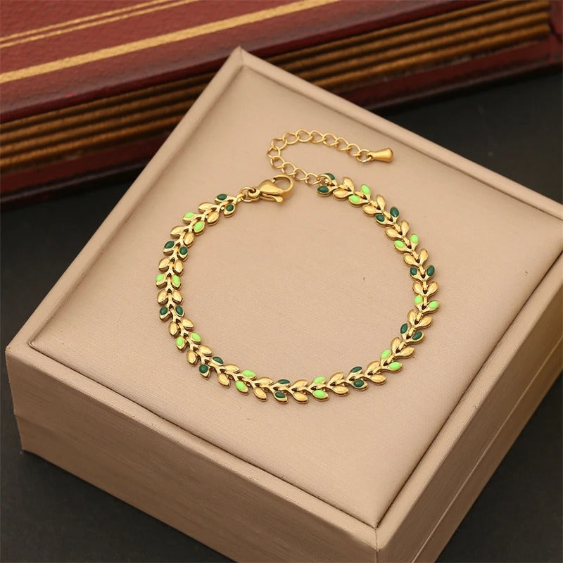 316L Stainless Steel New Fashion Fine Jewelry 3 Colors Oil Drip Wheat Ears Olive Branch Shape Charm Chain Bracelets For Women
