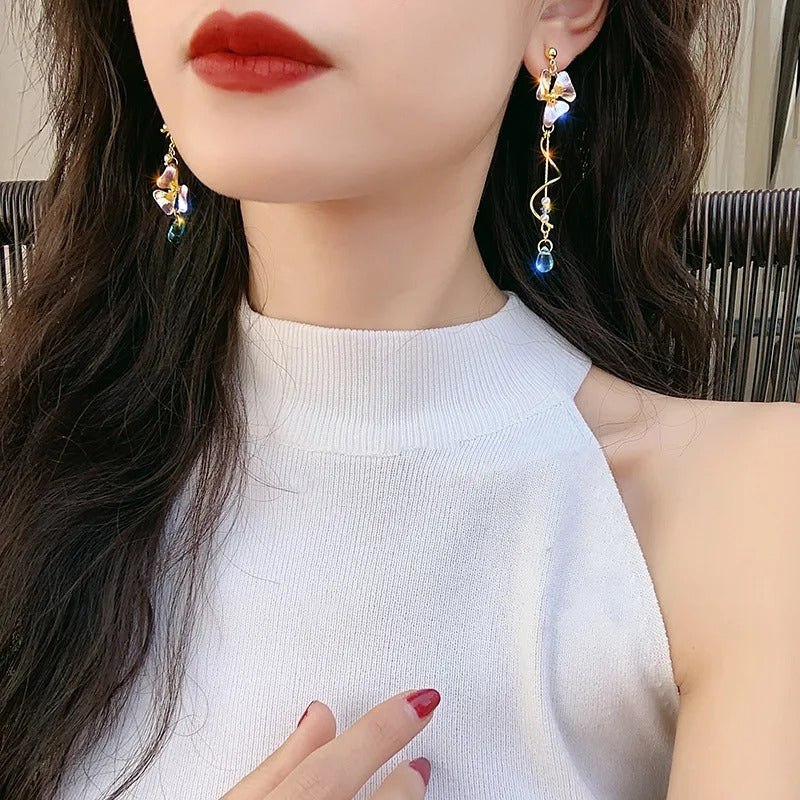 Cute Flower Spiral Dangle Earrings Women Blue Crystal Tassel