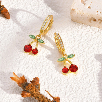 Cherry Zirconia Dangle Earrings Women Gold Plated Jewelry