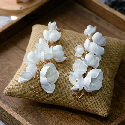 Hand-Beaded Flower Drop Earrings Women Fabric Wedding Jewelry