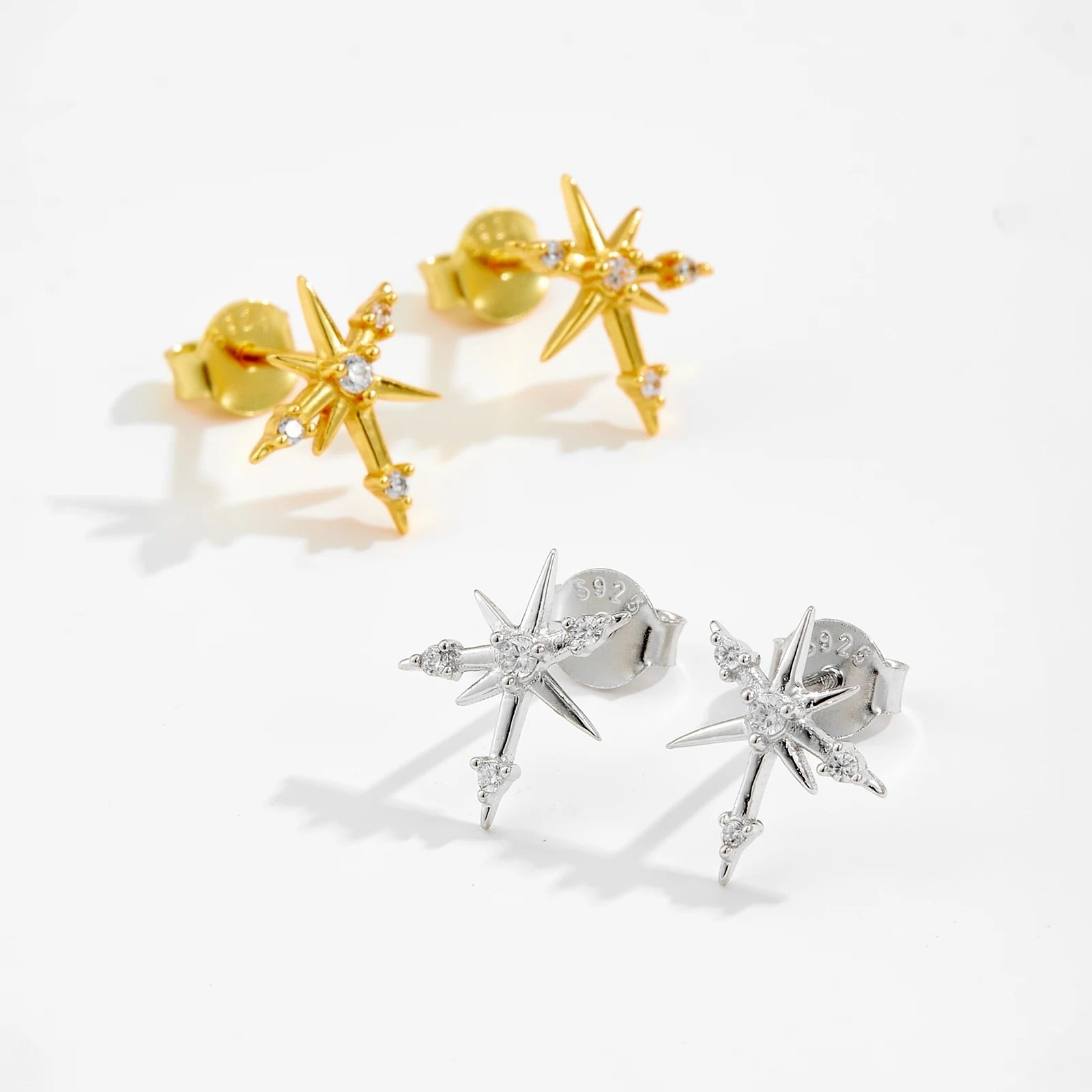 925 Sterling Silver Asymmetrical Star Stud Earrings with Zircon CZ Y2K Cool Unique Edgy Chic Jewelry Gift for Women