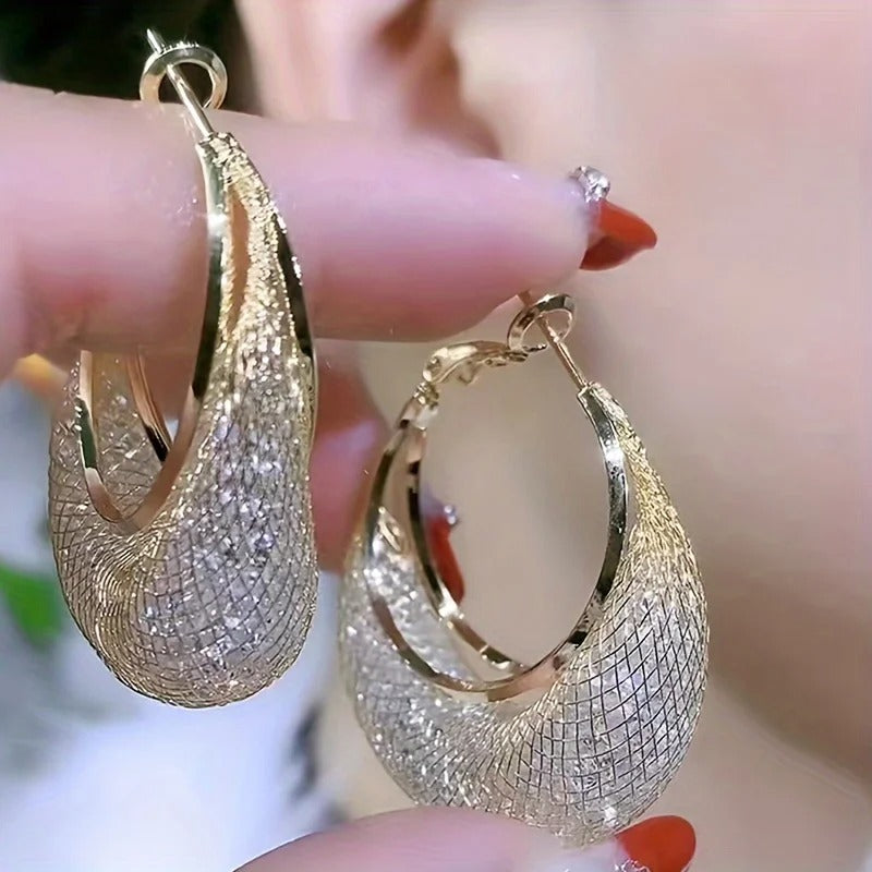 Elegant Rhinestone Mesh Hoop Earrings Leisure Style Jewelry for Women