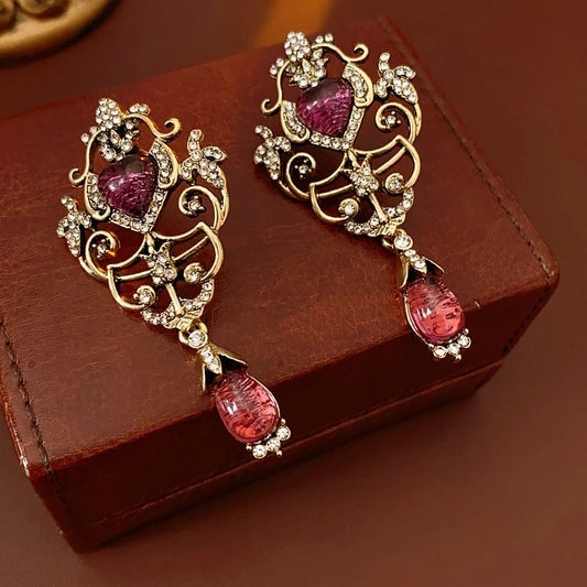 Luxury Retro Rhinestone Dangle Earrings for Women Antique Gold Vintage Jewelry
