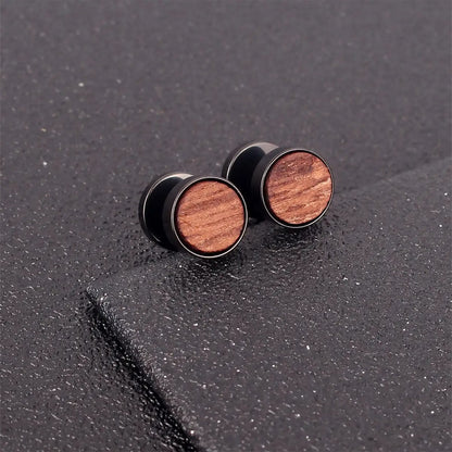 2Pc Men Wooden Round Stud Earrings Stainless Steel Punk Hip Hop Jewelry