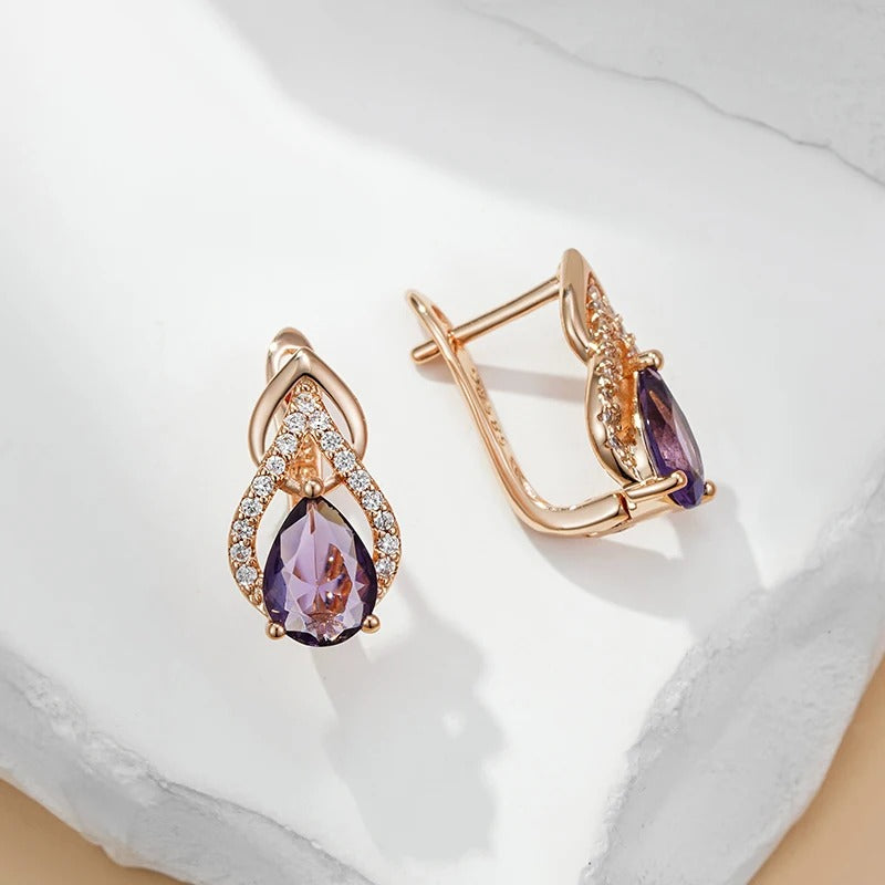 Purple Zircon Water Drop Earrings 585 Rose Gold for Women