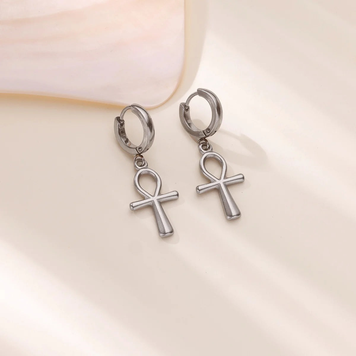 Egyptian Stainless Steel Ankh Cross Hoop Earrings For Women Vintage Gold Color Key Of Life Earrings Christmas Jewelry Gifts