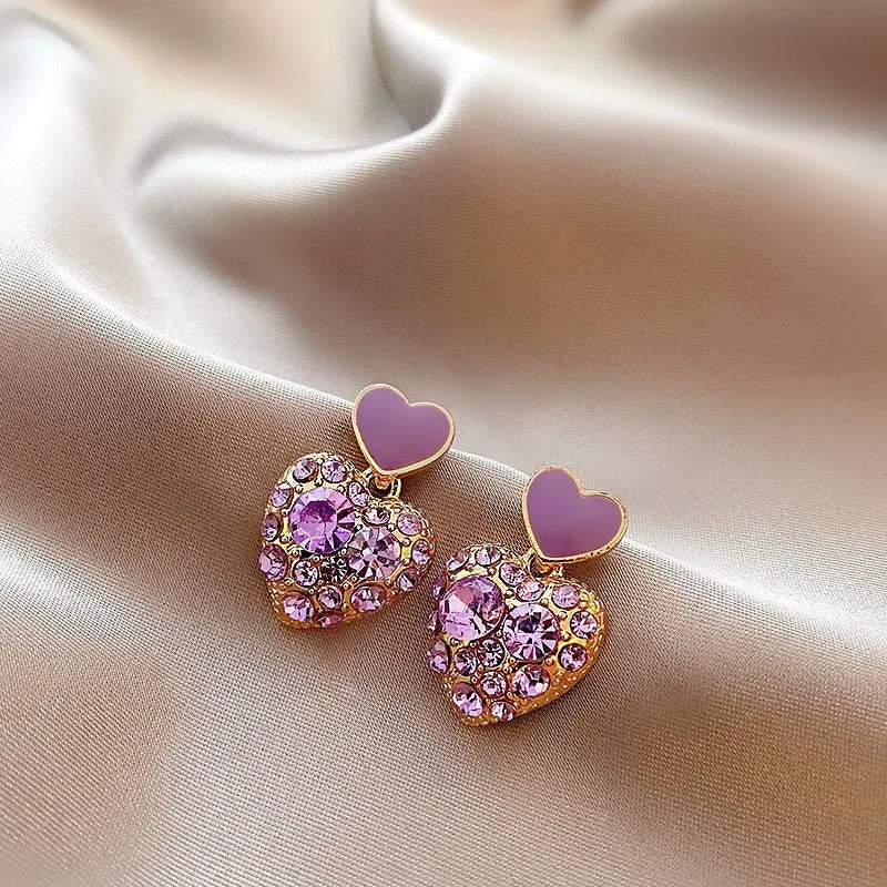Korean Purple Crystal Heart Drop Earrings 925 Silver Needle