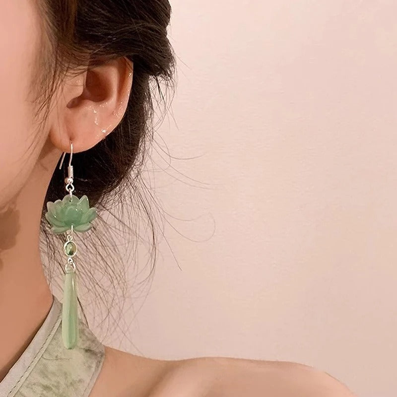 1Pair Chinese Style Lotus Pendant Tassel Earrings For Women Girls Classic Retro Elegant Long Drop Earrings Jewelry Gifts