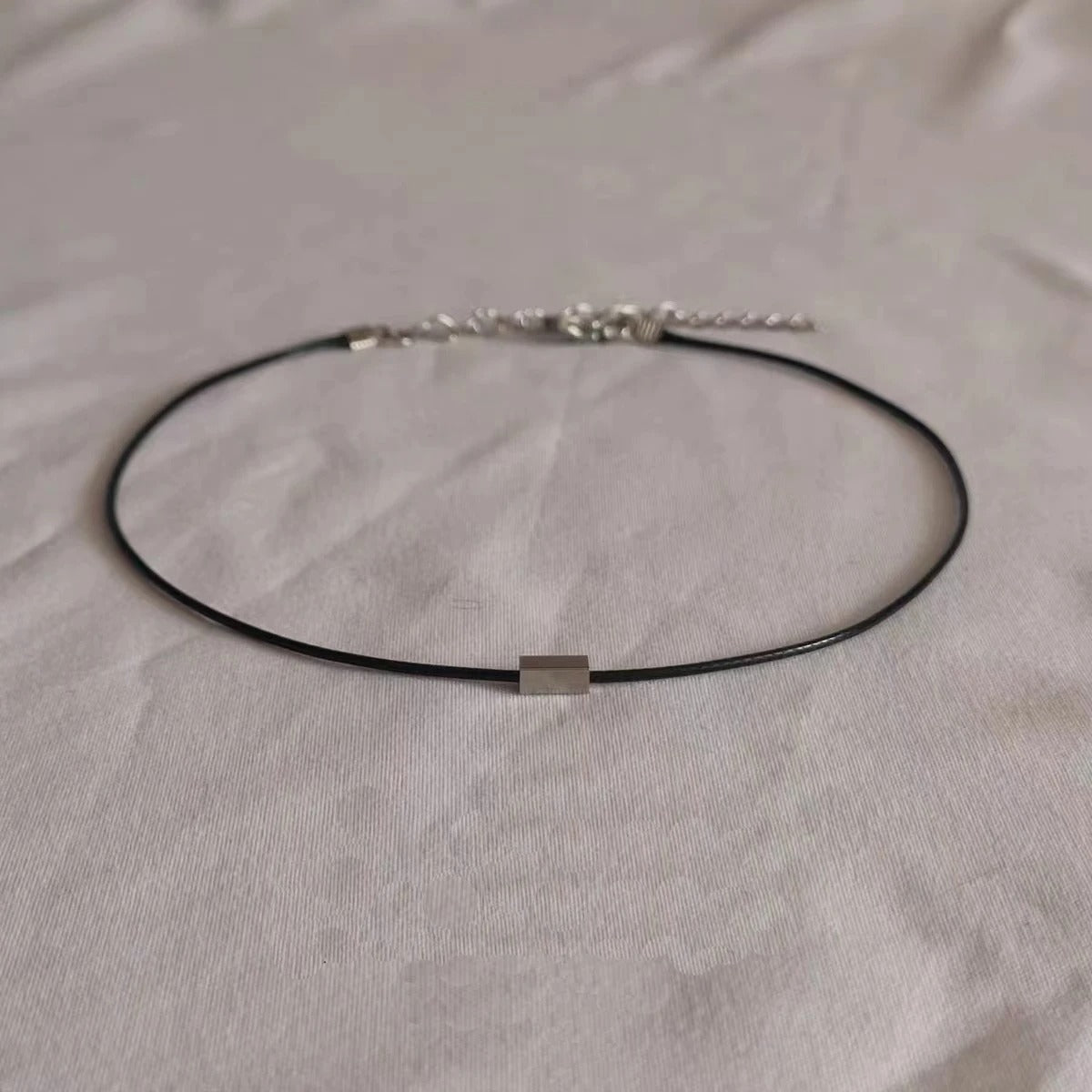Vintage Black Wax Rope Stainless Steel Block Tennis Necklace Unisex