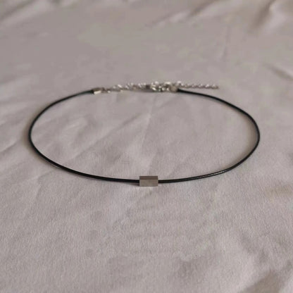 Vintage Black Wax Rope Stainless Steel Block Tennis Necklace Unisex