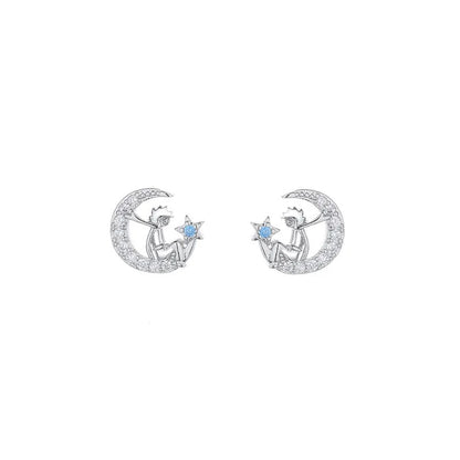 Petite Moon Zircon Stud Earrings Silver Color Women Jewelry
