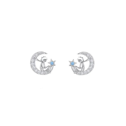 Silver Color Blue Zircon Petite Moon Little Prince Stud Earrings for Women Princess Wedding Jewelry Gift
