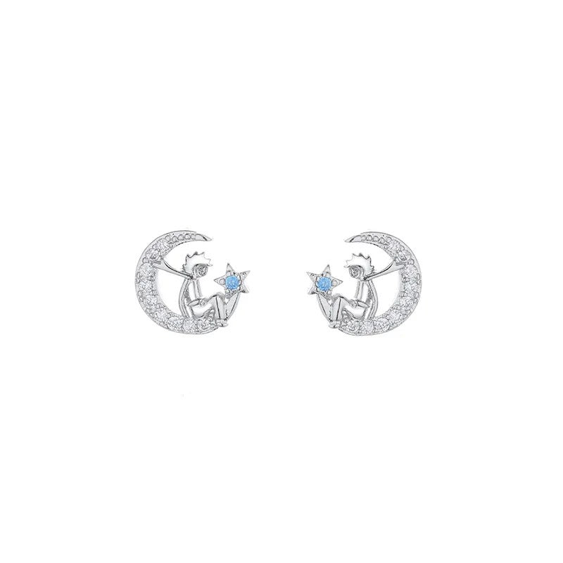 Silver Color Blue Zircon Petite Moon Little Prince Stud Earrings for Women Princess Wedding Jewelry Gift