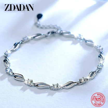 ZDADAN 925 Sterling Silver Crystal Bracelet Chain For Women Fashion Jewelry Gift