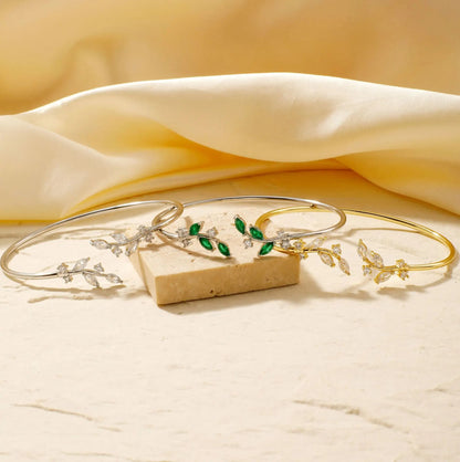 Leaf Zircon Open Bracelet Gold Color Stainless Steel Cuff Bracelet Tiny Hand Jewelry