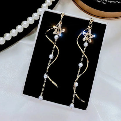 Exquisite Crystal Star Wavy Long Tassel Drop Earrings for Women Fashion Imitation Pearl Chain Dangle Earring Jewelry Gift