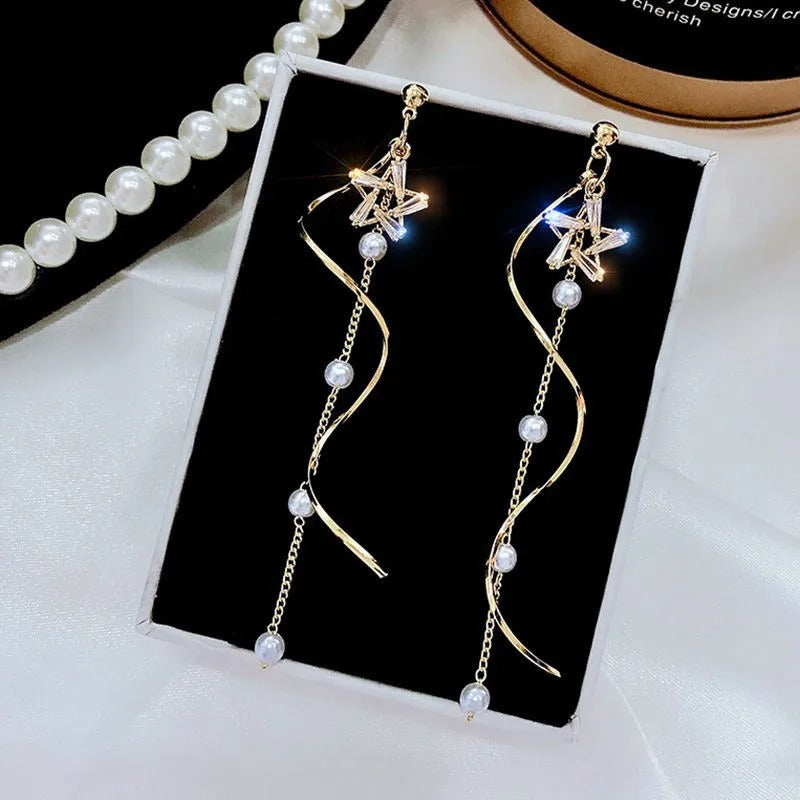 Exquisite Crystal Star Wavy Long Tassel Drop Earrings for Women Fashion Imitation Pearl Chain Dangle Earring Jewelry Gift