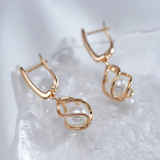 Luxury 585 Rose Gold Drop Earrings for Women Unique Geometric Hollow Pearl Bridal Earrings Wedding Jewelry 2025