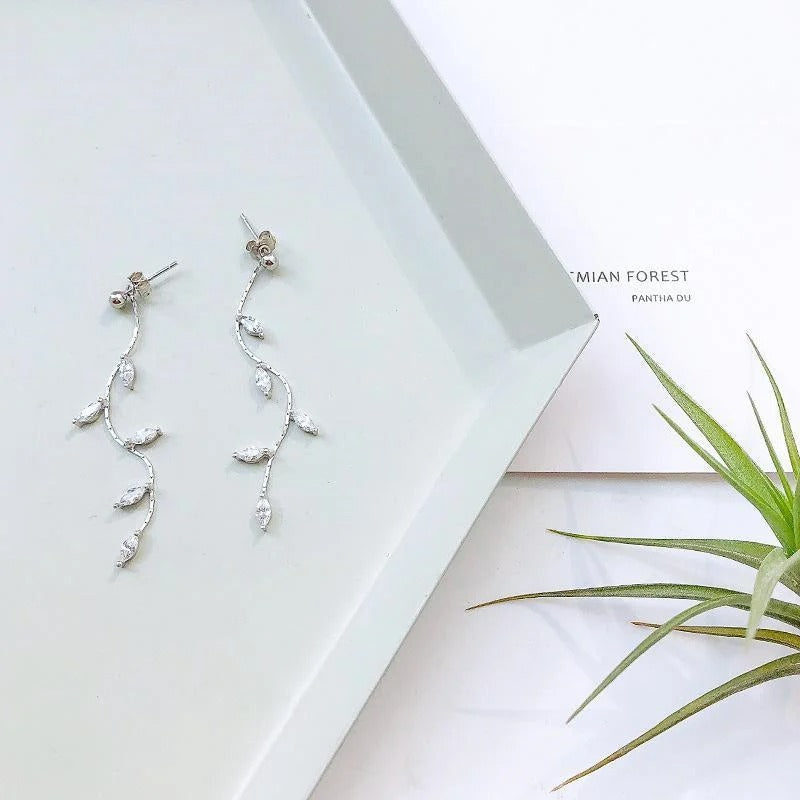 Silver Plated Leaf Tassel Earrings Long Drop Fashion Jewelry