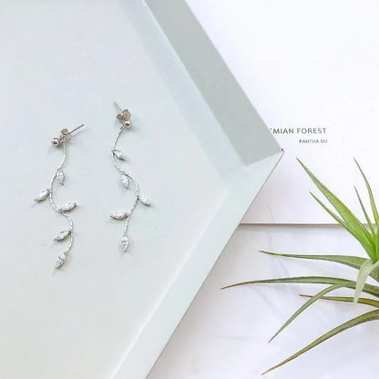 Silver Plated Leaf Tassel Earrings Long Drop Fashion Jewelry