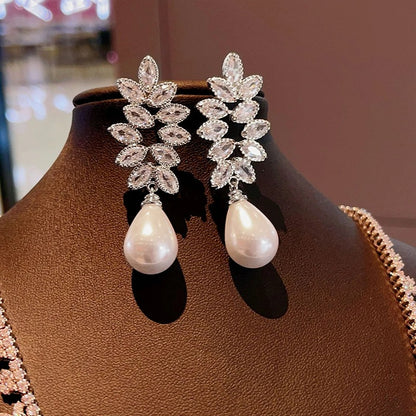 Brilliant CZ Imitation Pearl Dangle Earrings Women Luxury