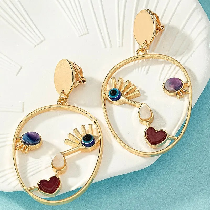 Gold Geometric Face Earrings Women Evil Eye Beads Dangle Jewelry Gift