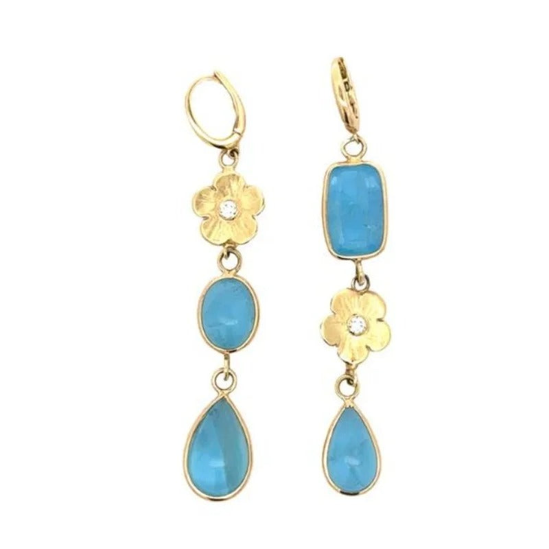 2 Pieces Beautiful Floral Geometric Square Drop Fashion Style Metal Gold Color Asymmetrical Dangle Earrings