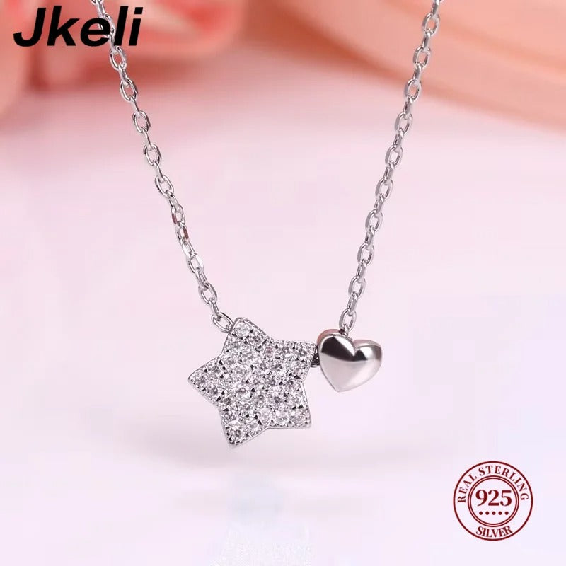 925 Sterling Silver Necklace Sweet Star Heart Pendant 18k Necklace For Women Wedding Statement Fine Jewelry