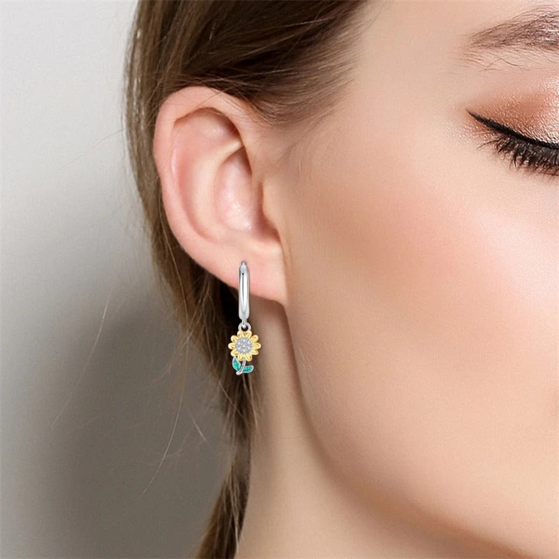 Sterling Silver Colorful Warm Sunflowers Double Hoop Earrings For Women Fashion Birthday Party Jewelry Gifts