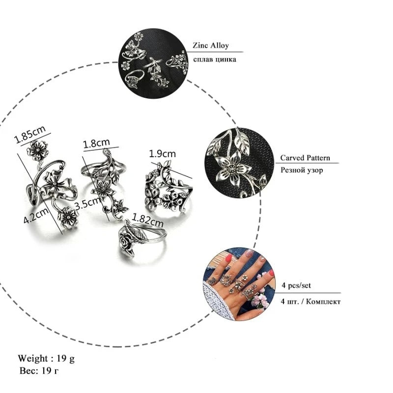 4PCS Vintage Silver Mori Flower & Vine Rings Women’s Fashion Set