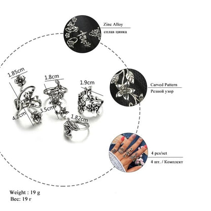 4PCS Vintage Silver Mori Flower & Vine Rings Women’s Fashion Set