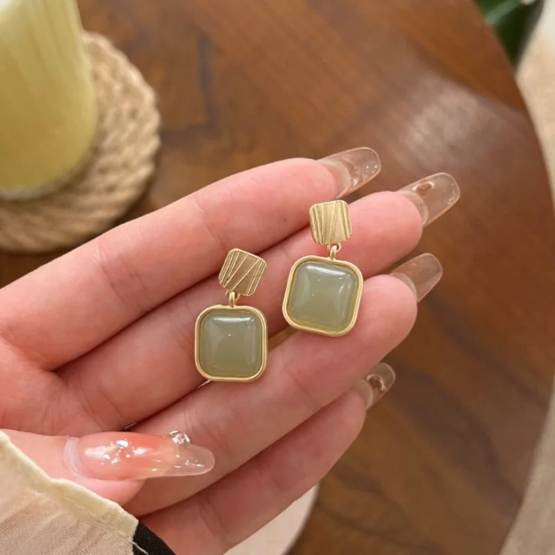 Exaggerated Green Jade Square Drop Earrings Women Jewelry Gift