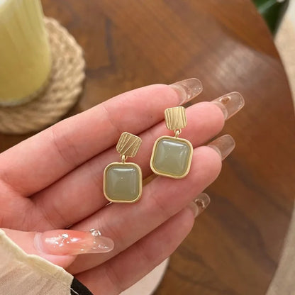 Exaggerated Green Jade Square Drop Earrings Women Jewelry Gift