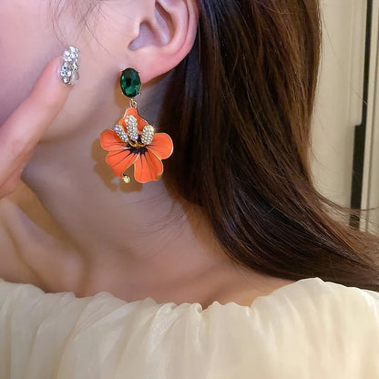 Orange Enamel Flower Drop Earrings with Green Crystals for Women