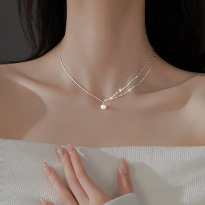 925 Sterling Silver Double Layered Pearl Necklace With Sparkling Temperament Asymmetrical Chain Necklace Fashionable Jewelry ﻿