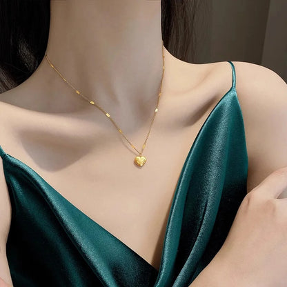 Waterproof Stainless Steel PVD Plate Gold-color Necklace Simple Fashion Peach Heart Engraved Love Collarbone Chain Holiday Gifts