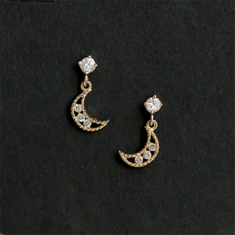925 Sterling Silver Gold Plated Crystal Moon Stud Earrings for Women