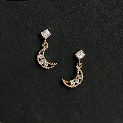 925 Sterling Silver Gold Plated Crystal Moon Stud Earrings for Women