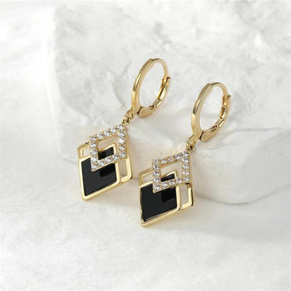Black Rhombus Gold Drop Earrings for Women