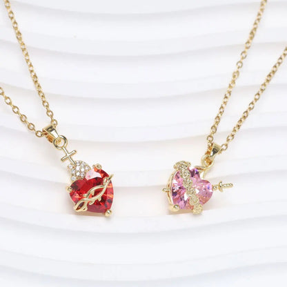 Sweet Love Heart Rhinestone Charms Pendant Necklace Cute One Arrow Through The Heart Rose Flower Around Necklaces Accessory