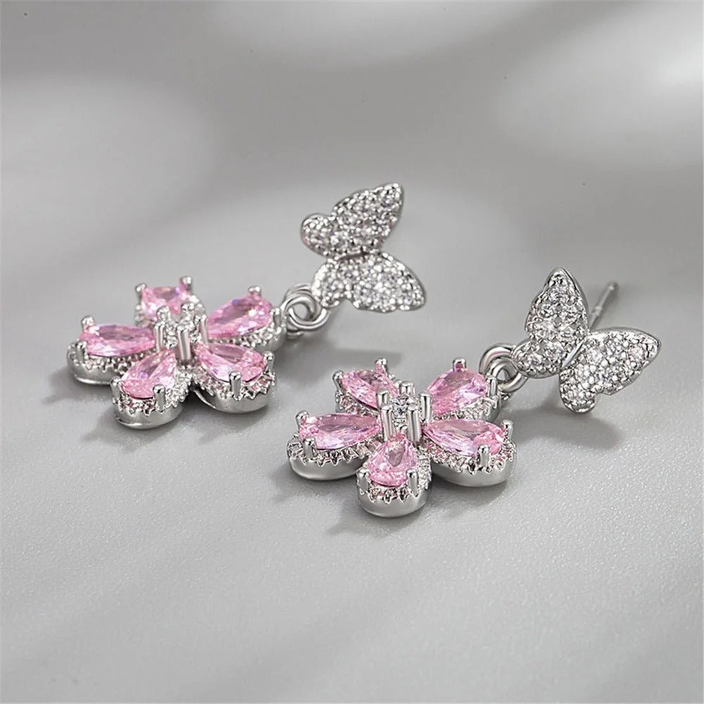 Lovely Silver Flower Earrings with Pink Zircon for Women