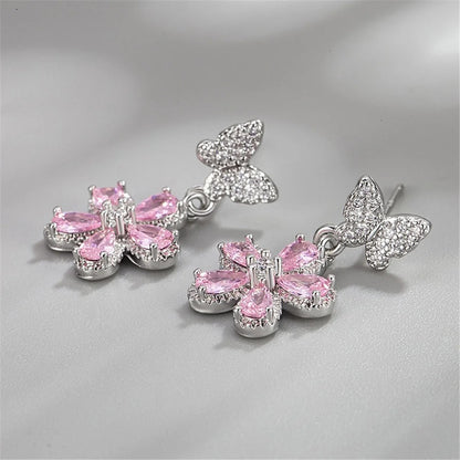 Lovely Silver Flower Earrings with Pink Zircon for Women