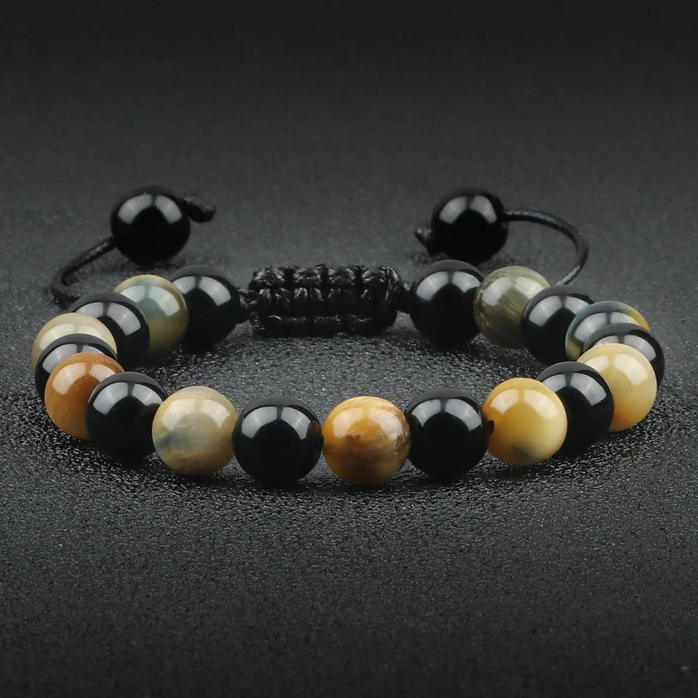 Natural Black Onyx & Tiger Eye Bead Bracelet Men Women Yoga