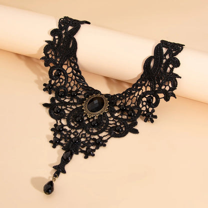 Vintage Gothic Black Lace Beaded Statement Necklace for Women