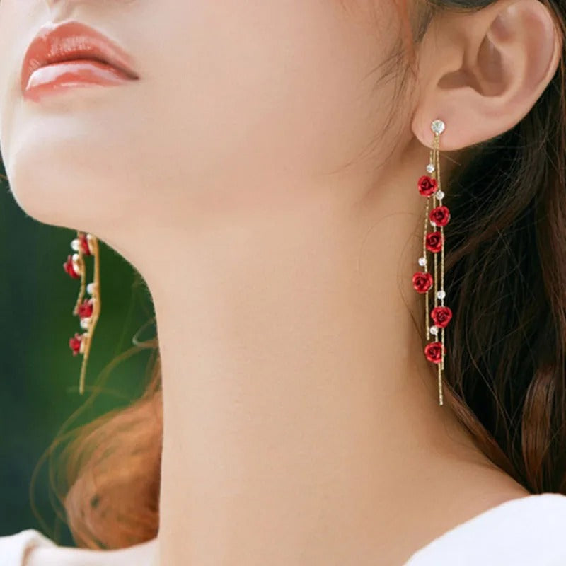 New Fashion Jewelry Red Rose Drop Earrings Women Vintage Rhinestone Flowers Dangle Earring Weddings  Jewelry