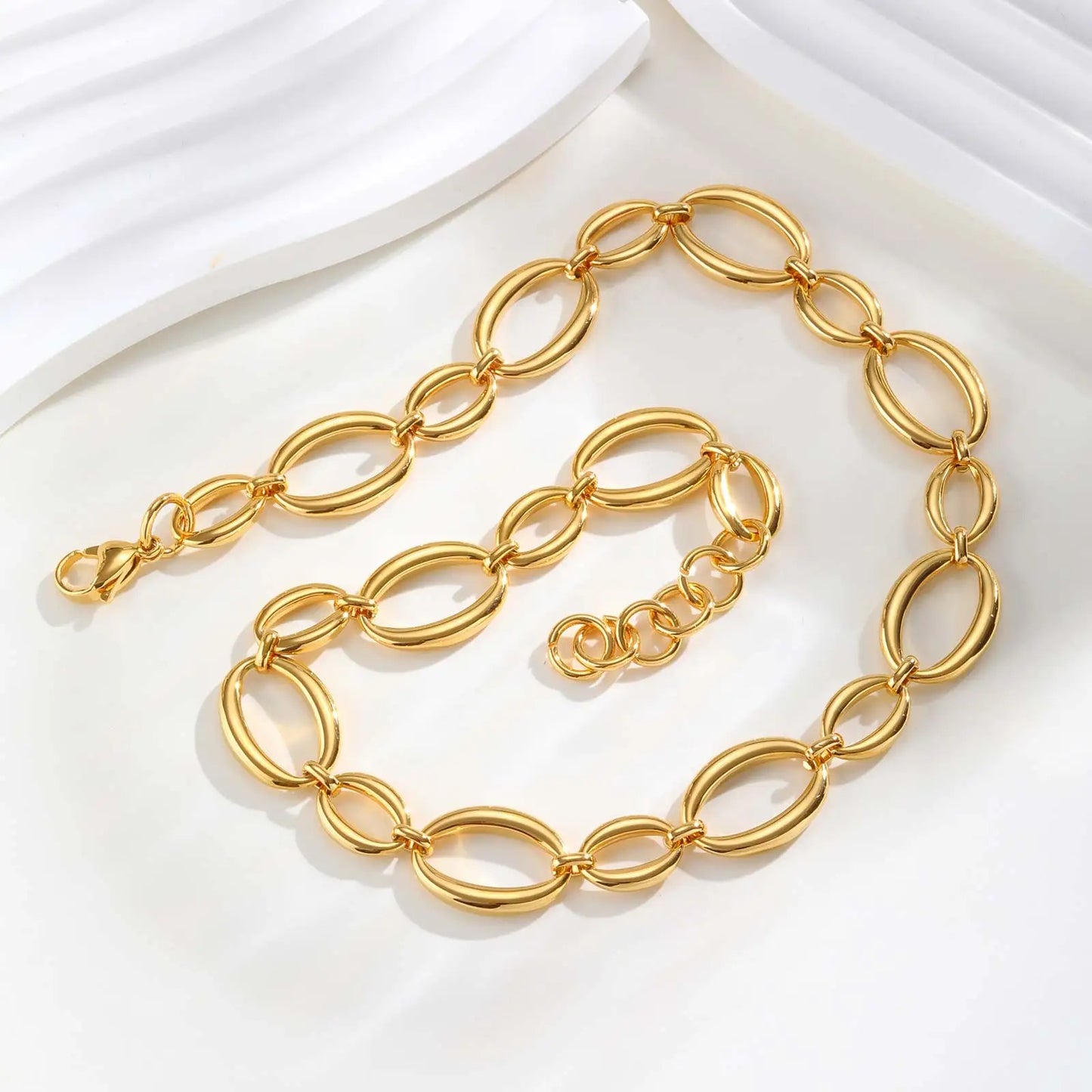 Thick Oval Chain Necklace Gold Plated Stainless Steel Women